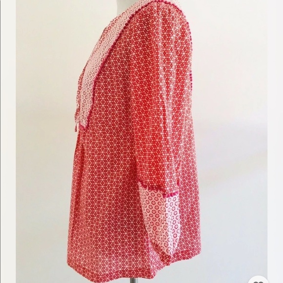 Boden | Gauzy Tie Neck Top Womens Size 6 Red Pullover Boho Star Print Blouse - Picture 5 of 12